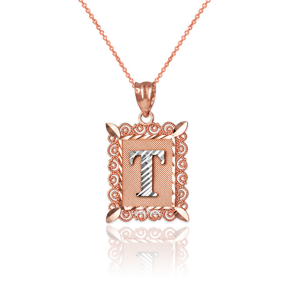 Two-tone Rose Gold Filigree Alphabet Initial Letter "T" DC Charm Necklace