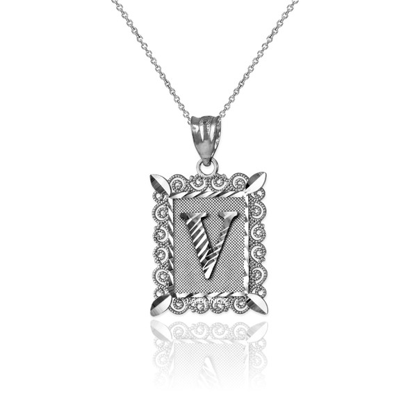 White Gold Filigree Alphabet Initial Letter "V" DC Charm Necklace