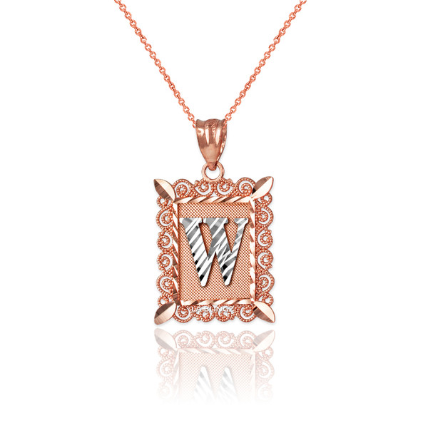 Two-tone Rose Gold Filigree Alphabet Initial Letter "W" DC Charm Necklace