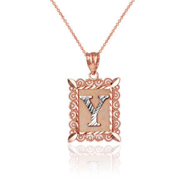 Two-tone Rose Gold Filigree Alphabet Initial Letter "Y" DC Charm Necklace