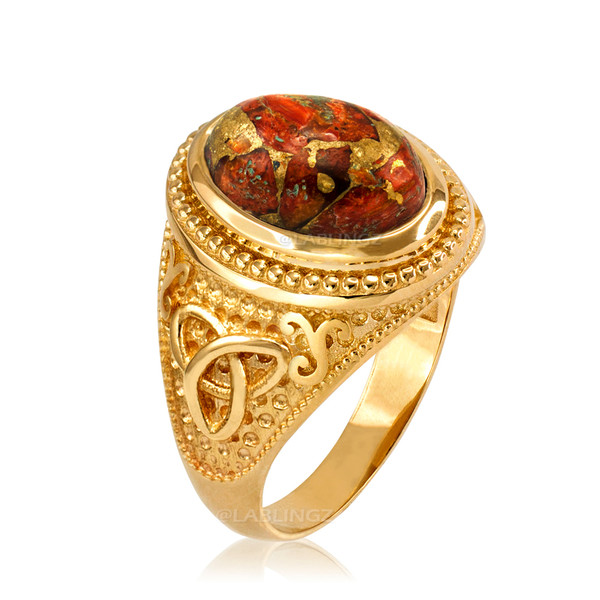 Gold Celtic Statement Ring with Orange Copper Turquoise Gemstone