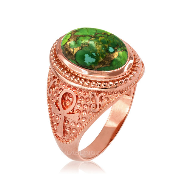 Rose Gold Egyptian Ankh Cross Green Copper Turquoise Ring