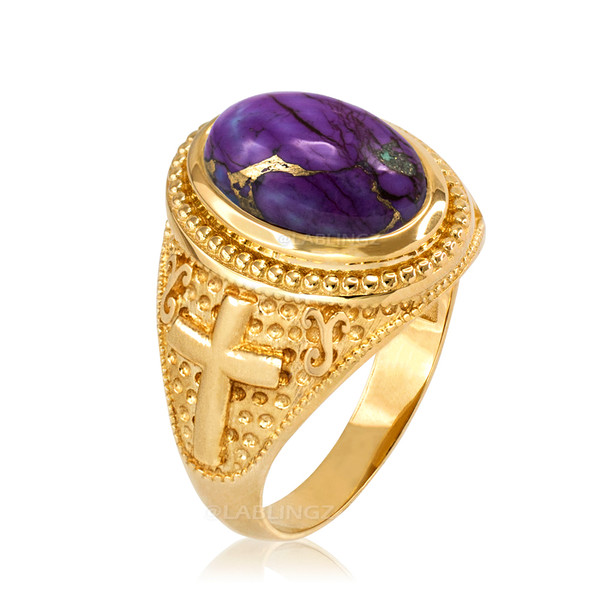 Yellow Gold Christian Cross Purple Copper Turquoise Ring