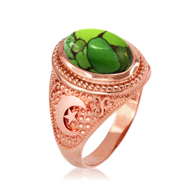 Rose Gold Islamic Crescent Moon Green Copper Turquoise Ring