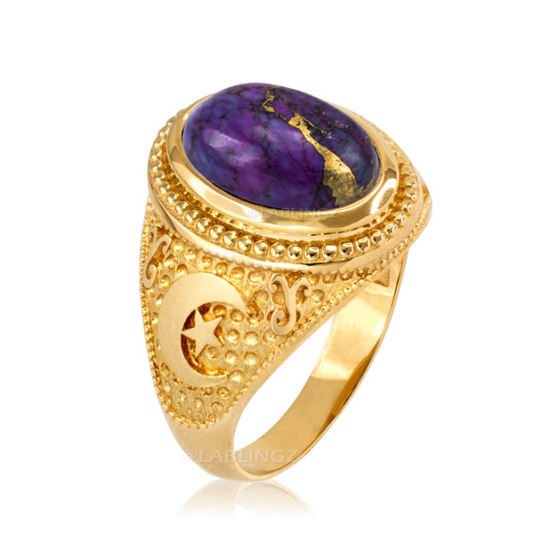Yellow Gold Islamic Crescent Moon Purple Copper Turquoise Ring
