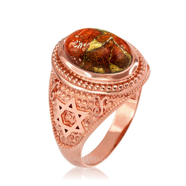 Rose Gold Jewish Star of David Orange Copper Turquoise Ring