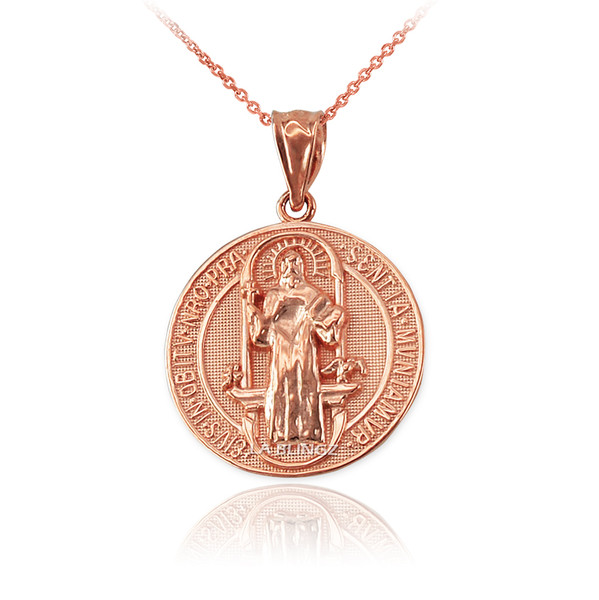 Solid Rose Gold St. Benedict Reversible Medallion Charm Necklace