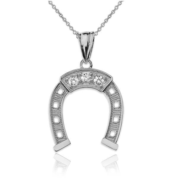 White Gold Lucky Horseshoe CZ Pendant Necklace