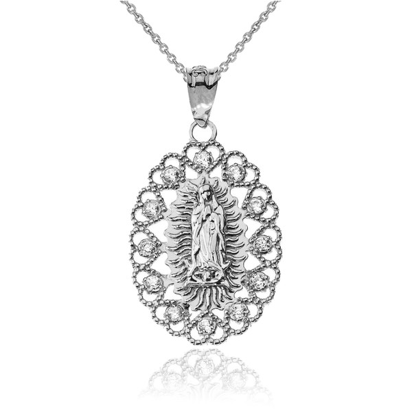 Sterling Silver Virgin Mary Filigree CZ Pendant Necklace