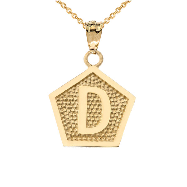 Yellow Gold Letter "D" Initial Pentagon Pendant Necklace
