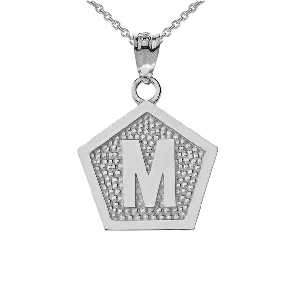 White Gold Letter "M" Initial Pentagon Pendant Necklace