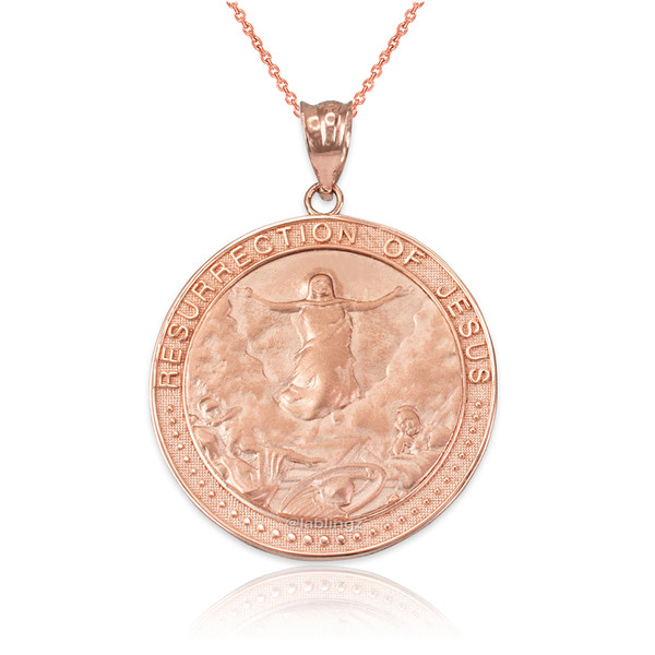 Rose Gold Resurrection of Jesus Round Medallion Pendant Necklace