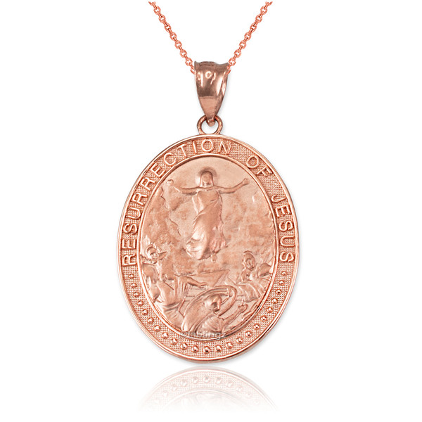 Rose Gold Resurrection of Jesus Oval Medallion Pendant Necklace