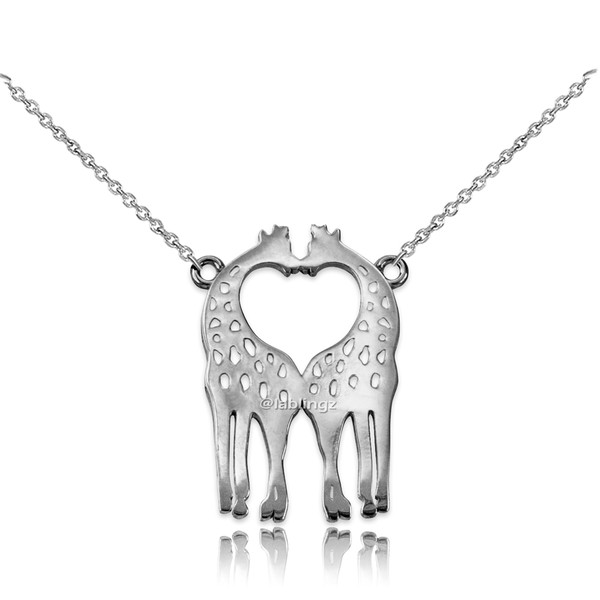 14K White Gold Open Heart Kissing Giraffes Necklace