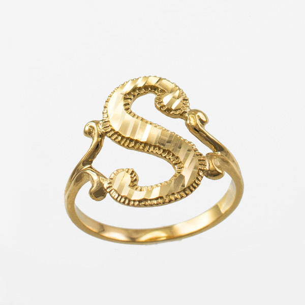 Yellow Gold Sparkle Cut Letter Initial Script Ring at LA Blingz