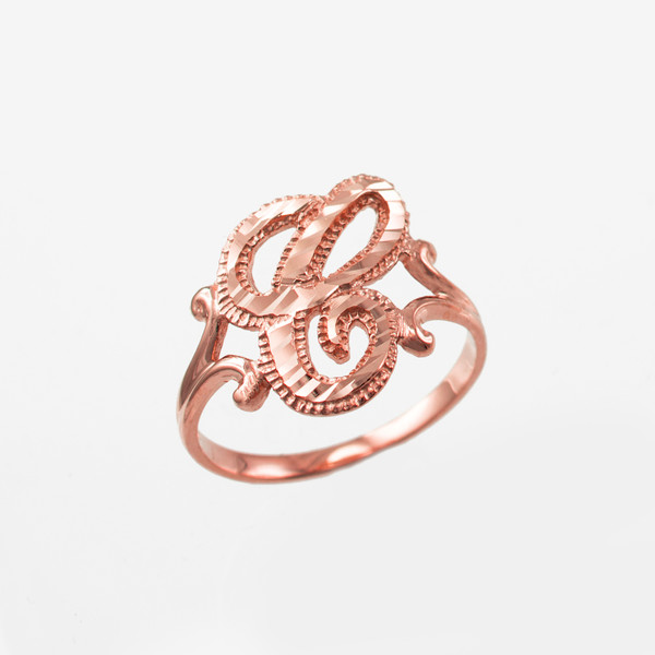 Rose Gold Sparkle-Cut Letter Initial Script Ring