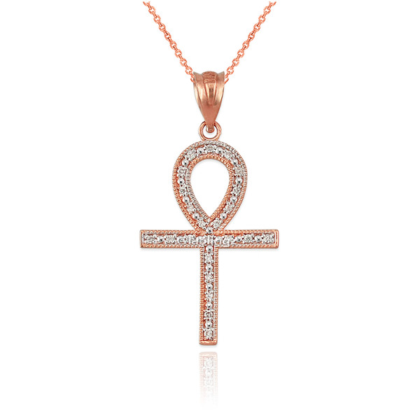 Diamond Rose Gold Egyptian Ankh Cross Pendant Necklace