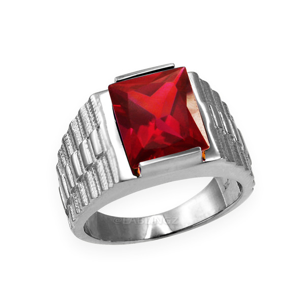 Mens Square CZ Birthstone Watchband Ring in White Gold