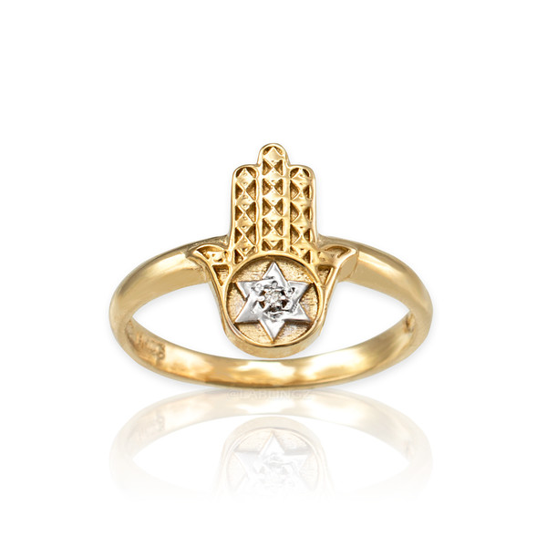 Yellow Gold Hamsa Star of David Diamond Ring