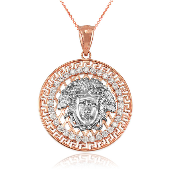Two-Tone Rose Gold Medusa CZ Medallion Pendant Necklace
