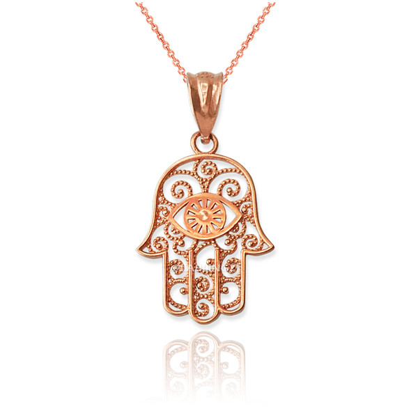 Rose Gold Filigree Hamsa Evil Eye Charm Necklace