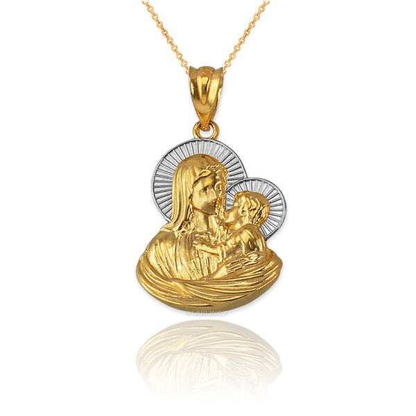 Two-Tone Yellow Gold Virgin Mary Baby Jesus Charm Necklace (S/L)