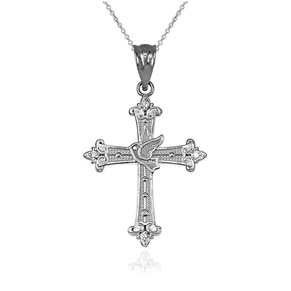 Sterling Silver Holy Spirit Dove Cross Diamond Pendant Necklace