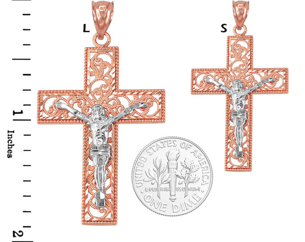 Two-tone Rose Gold Filigree Crucifix Cross DC Pendant (S/L)