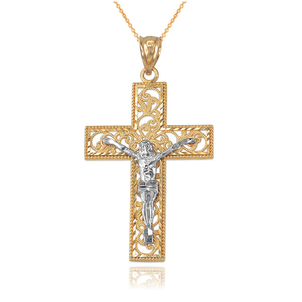Two-Tone Yellow Gold Filigree Crucifix Cross DC Pendant Necklace