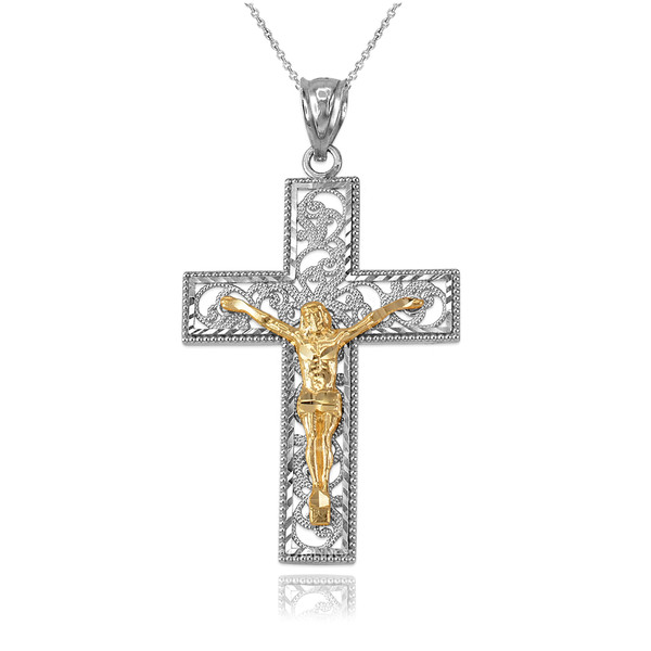 Two-Tone White and Yellow Gold Filigree Crucifix Cross DC Pendant Necklace