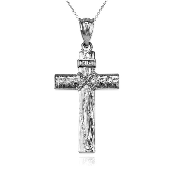 White Gold  Woodgrain Rope Cross Pendant Necklace