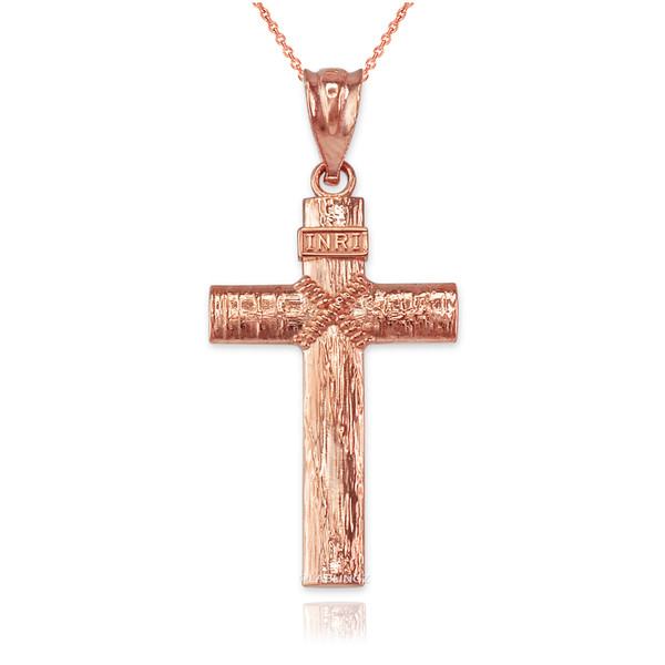 Rose Gold  Woodgrain Rope Cross Pendant Necklace