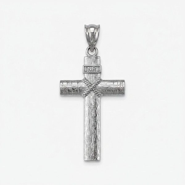 Sterling Silver Rustic Woodgrain INRI Cross Pendant Necklace