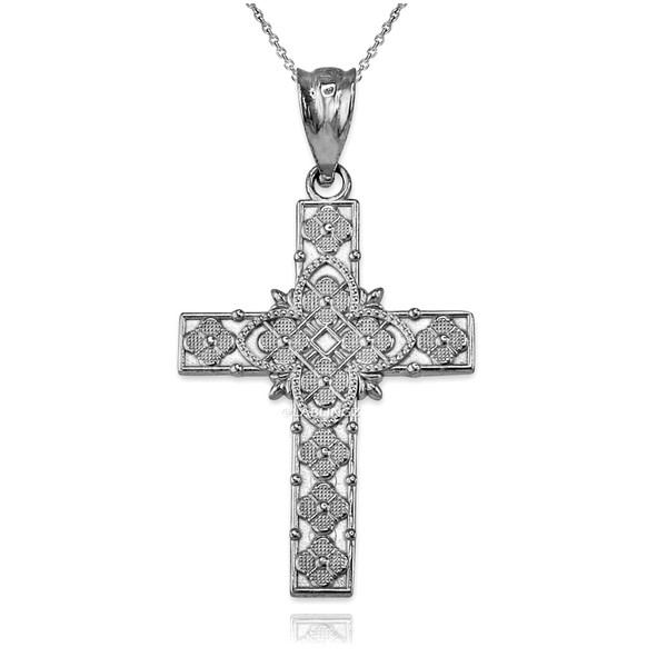 Sterling Silver  Floral Cross Pendant Necklace