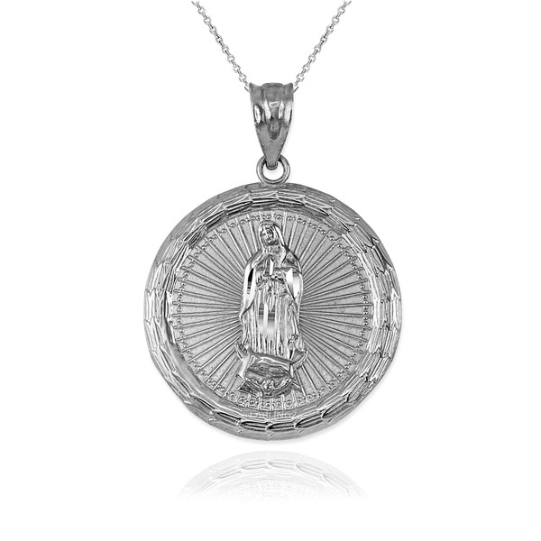 White Gold Virgin Mary Medallion Pendant Necklace