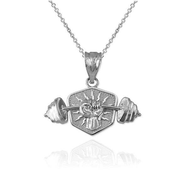 White Gold Hand Weightlifting Dumbbell Pendant Necklace