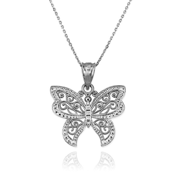 White Gold Filigree Butterfly Charm Necklace