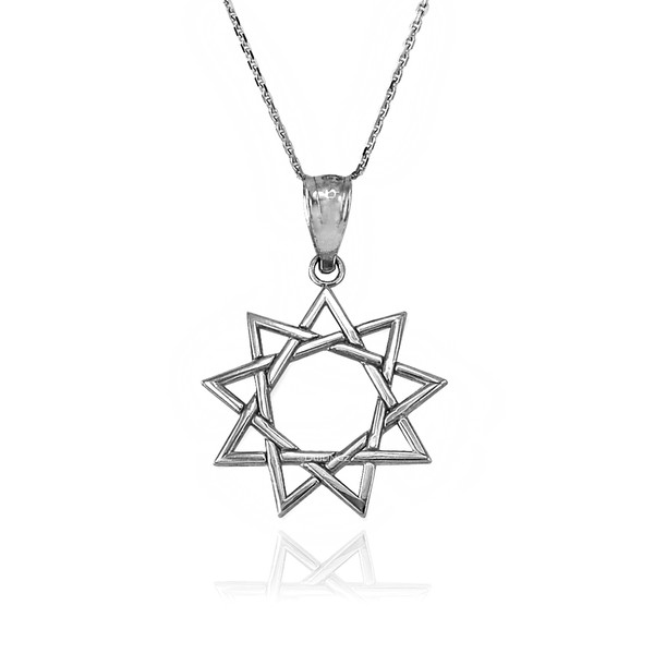 White Gold Baha'i Nine Point Star Pendant Necklace