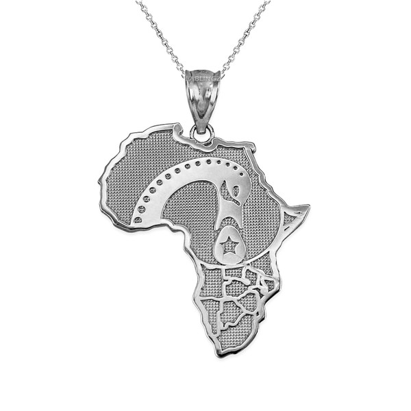 White Gold Africa Map Adinkra Sankofa Pendant Necklace