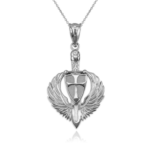 White Gold Crusader Winged Sword and Shield Pendant Necklace