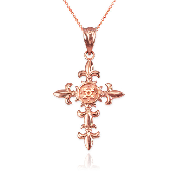 Rose Gold Fleur de Lis Cross Pendant Necklace