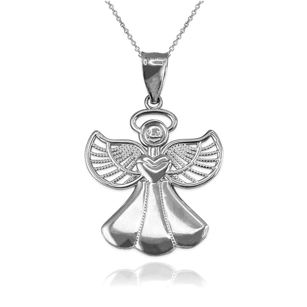 White Gold Filigree Love Angel Pendant Necklace