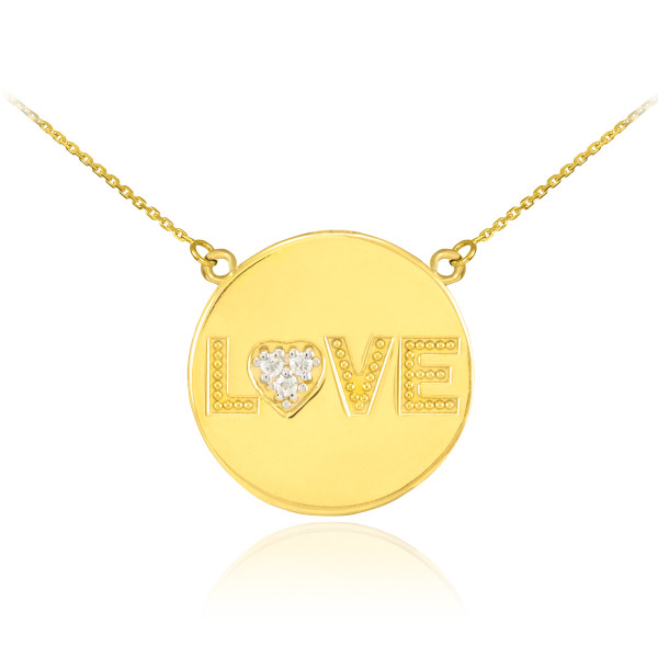 14K Gold "LOVE" Script Diamond Disc Necklace