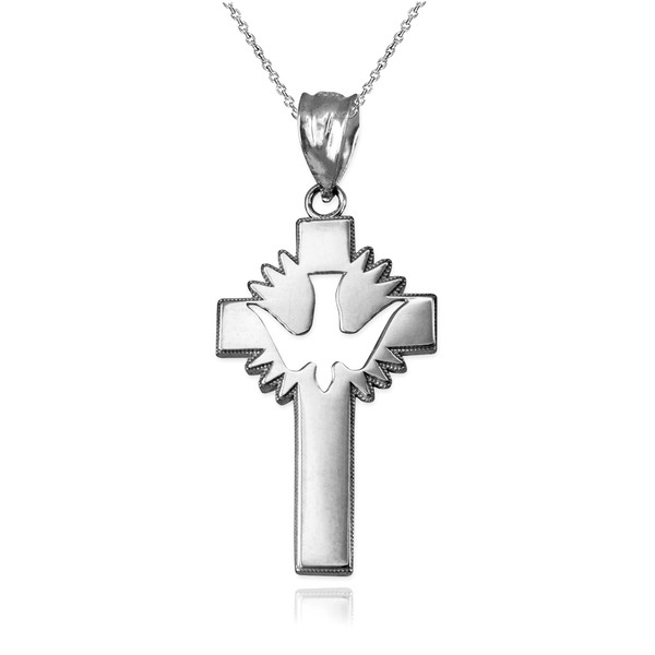 White Gold Dove Cross Pendant Necklace