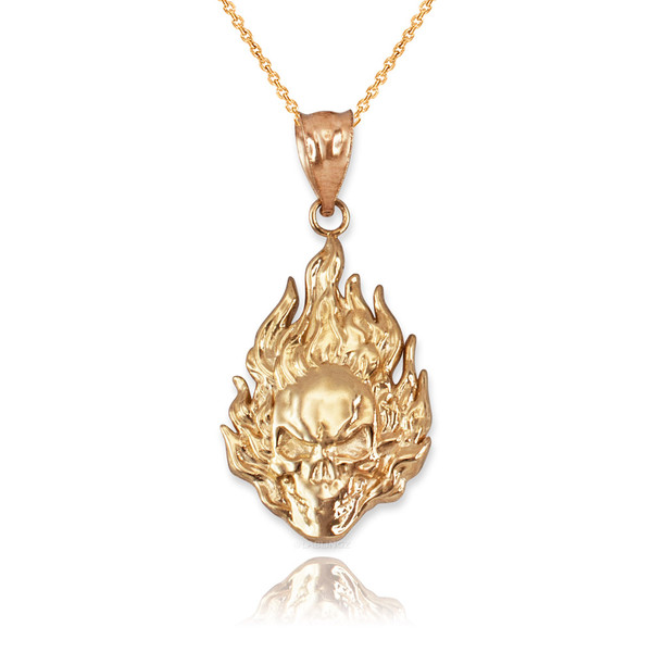 Flaming Skull Yellow Gold Pendant Necklace