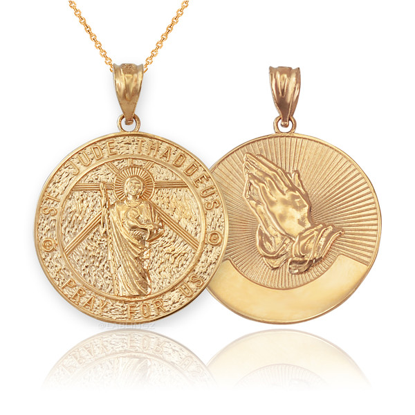 Yellow Gold St. Jude Reversible Pray Medal Pendant Necklace