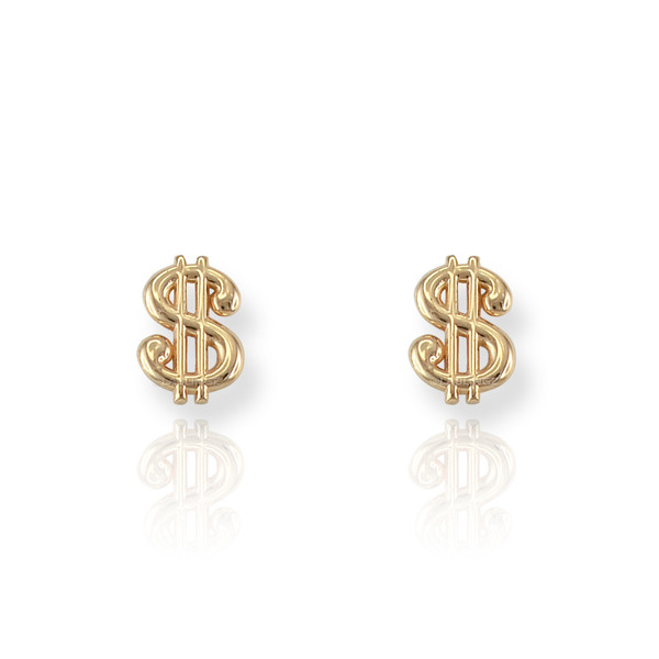 14K Yellow Gold Cash Money Dollar Sign Stud Earrings