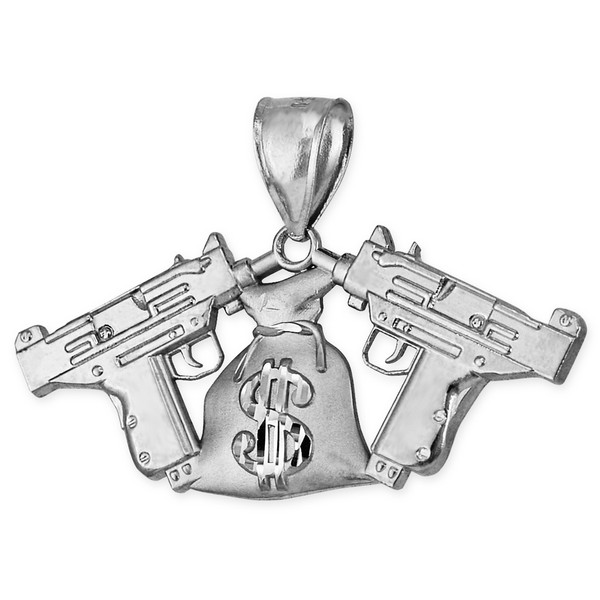 Sterling Silver Money Bag Dual Uzi Gun Satin DC Hip-Hop Pendant