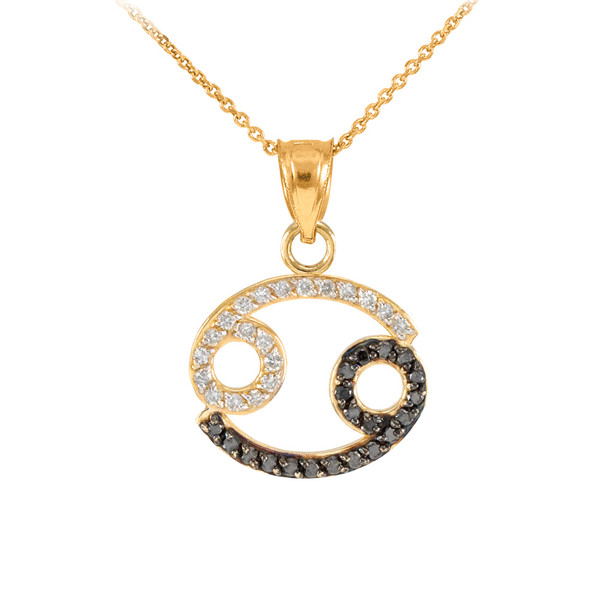 14K Gold Cancer Zodiac Sign Black Diamond Pendant Necklace