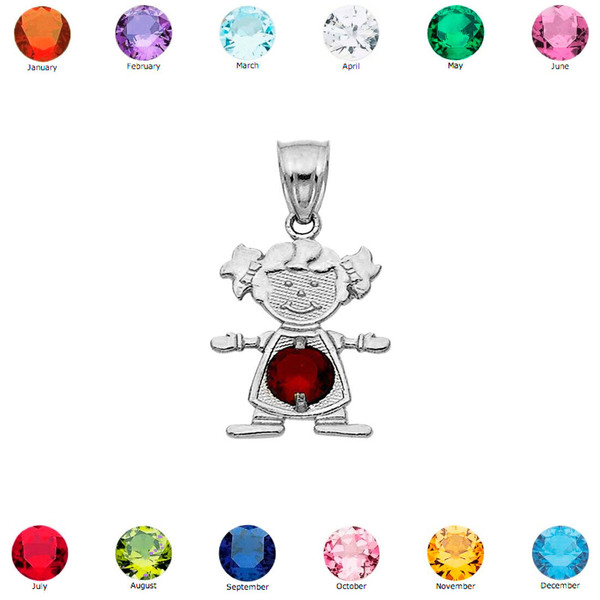 White Gold Baby Girl Color CZ Birthstone Charm Pendant